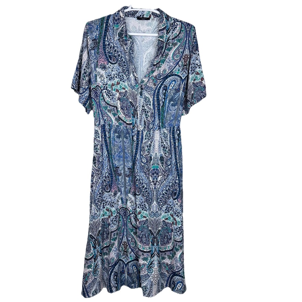 T Tahari Midi Shirt Dress Womens Plus Size 3X Blue Paisley‎ Floral Boho No Belt